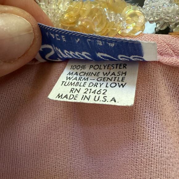 Vintage 80s Sandi Dee Pink Pleated Tiered Ruffle Dress Beaded Trim USA M - Picture 9 of 10